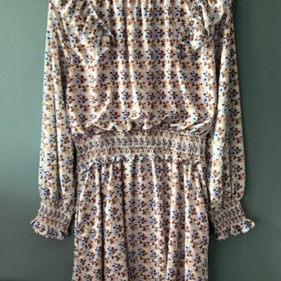 Kori Dress L Blue Brown Floral Puff Sleeve Smocked Cottagecore Boho Prairie - Picture 5 of 10